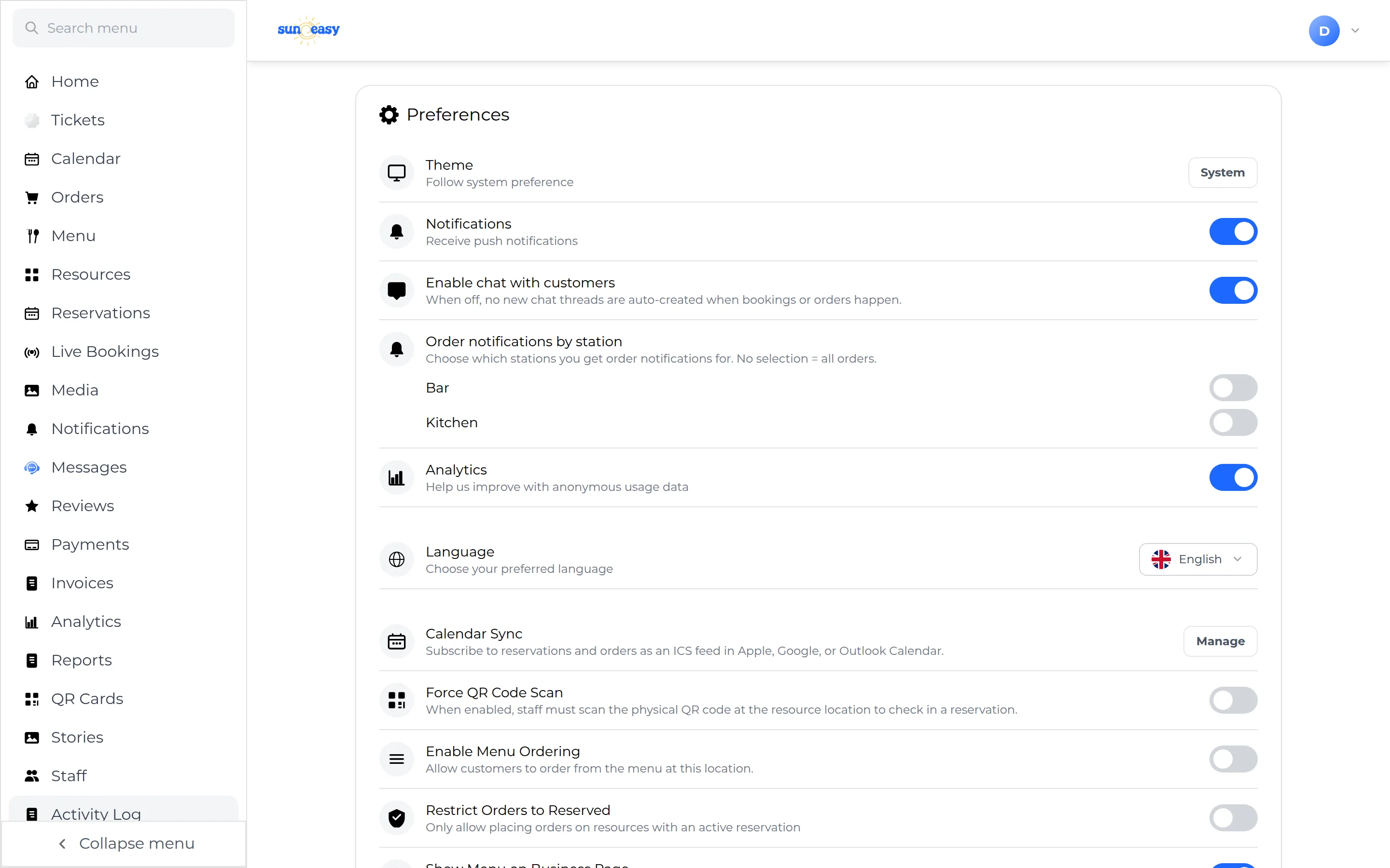Settings page Preferences panel with controls for Theme (System), push Notifications, chat with customers, order notifications by station, Analytics, Language (English), Calendar Sync, and several toggles including Force QR Code Scan and Enable Menu Ordering.