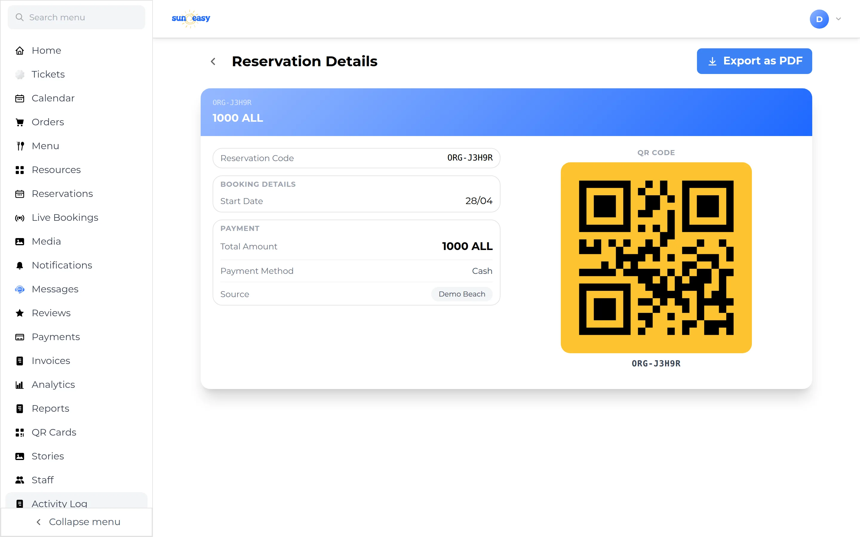 Reservation Details page showing a summary card with reservation code ORG-J3H9R, a start date, a 1000 ALL cash payment from Demo Beach, a QR code, and an Export as PDF button.