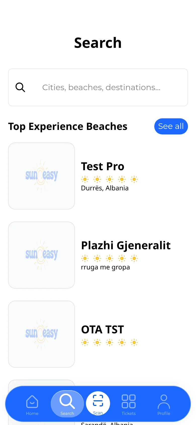 Search tab of the client app showing a search bar, a 'Top Experience Beaches' list, and the round Scan button centered in the bottom navigation bar.