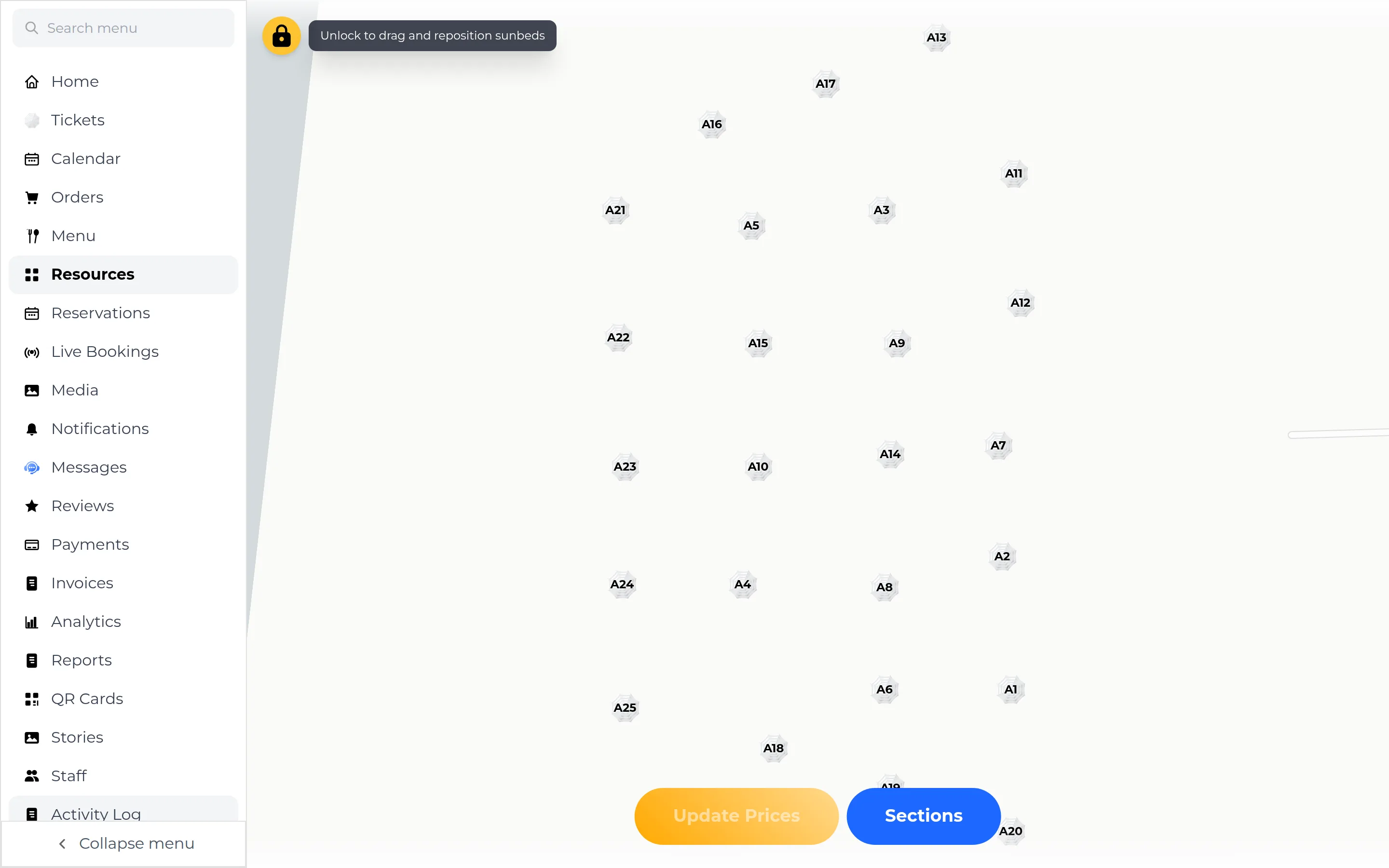 Resources map view showing numbered sunbed markers scattered across the beach layout, a locked padlock icon top left, and Update Prices and Sections buttons at the bottom.