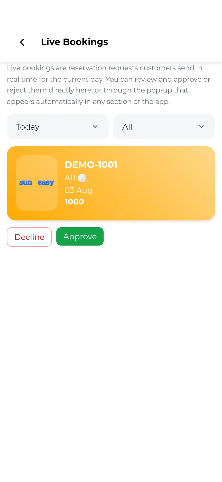 Live Bookings screen showing Today and All filter dropdowns and one pending booking card labeled DEMO-1001 for sunbed A11 on 03 Aug priced 1000, with Decline and Approve buttons beneath it.