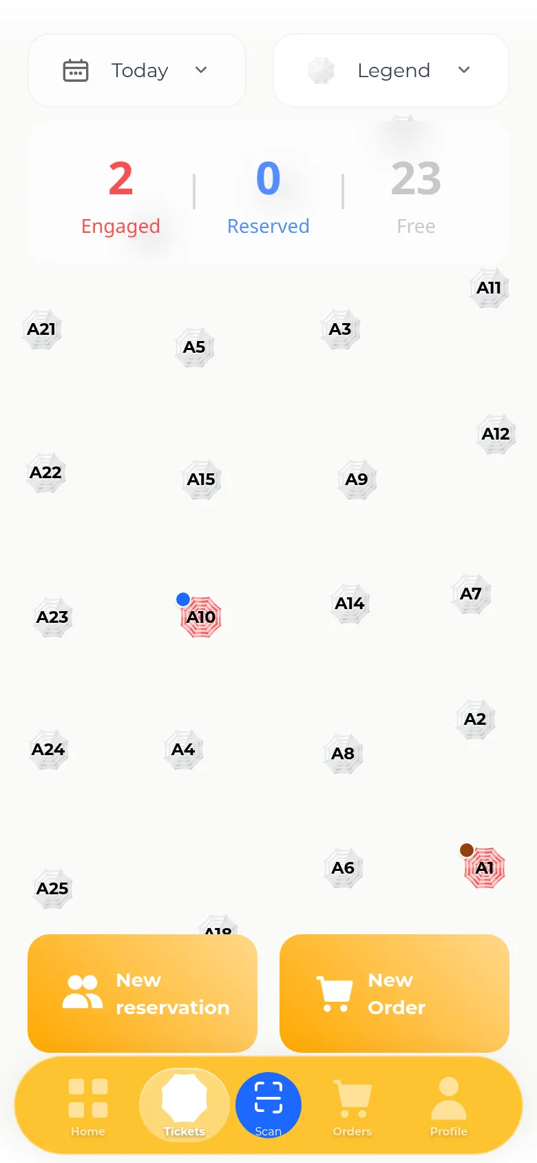Tickets map screen showing Today and Legend selectors, Engaged/Reserved/Free counters reading 0/0/25, a grid of numbered sunbed markers, and New reservation and New Order buttons above the tab bar.