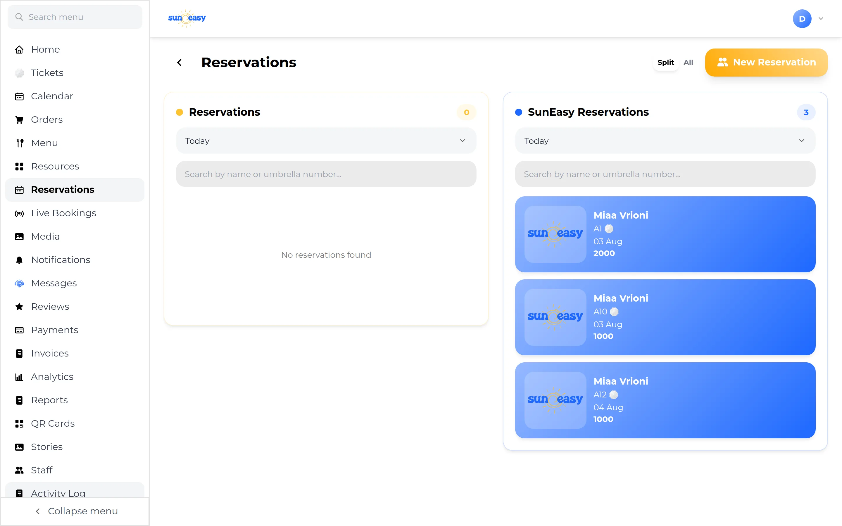 Reservations page with two side-by-side panels, Reservations and SunEasy Reservations, each showing a Today date filter, a search box, and a 'No reservations found' message, with a New Reservation button above.
