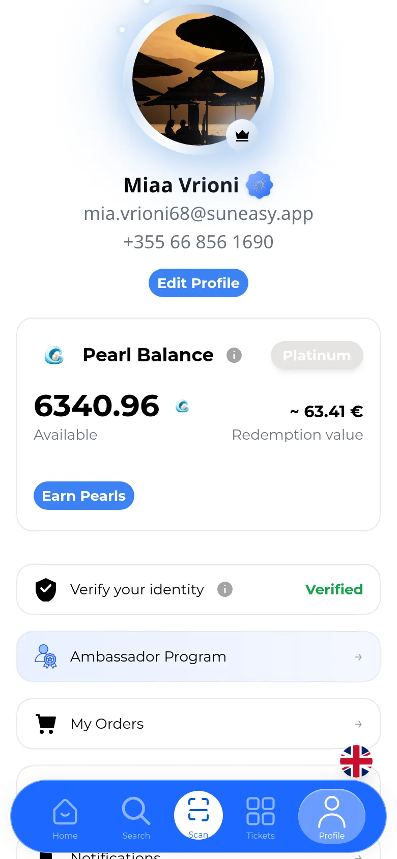 Client profile screen for test account 'Miaa Vrioni' showing a Pearl Balance card with 6340.96 pearls, a redemption value of about 63.41 euros, and a Platinum level badge.