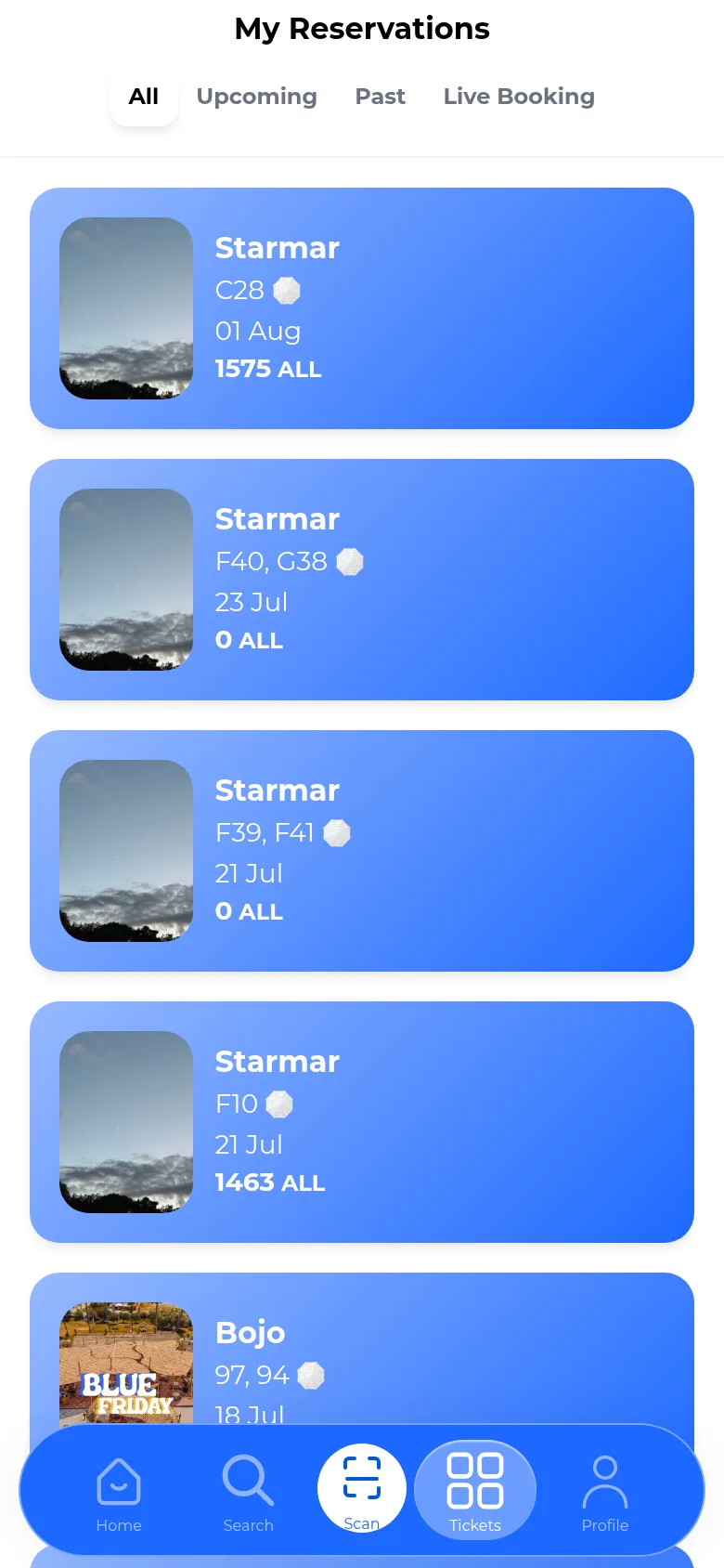 My Reservations screen with All, Upcoming, Past, and Live Booking filter tabs, and a scrollable list of reservation cards showing venue names, spot codes, dates, and prices in ALL.