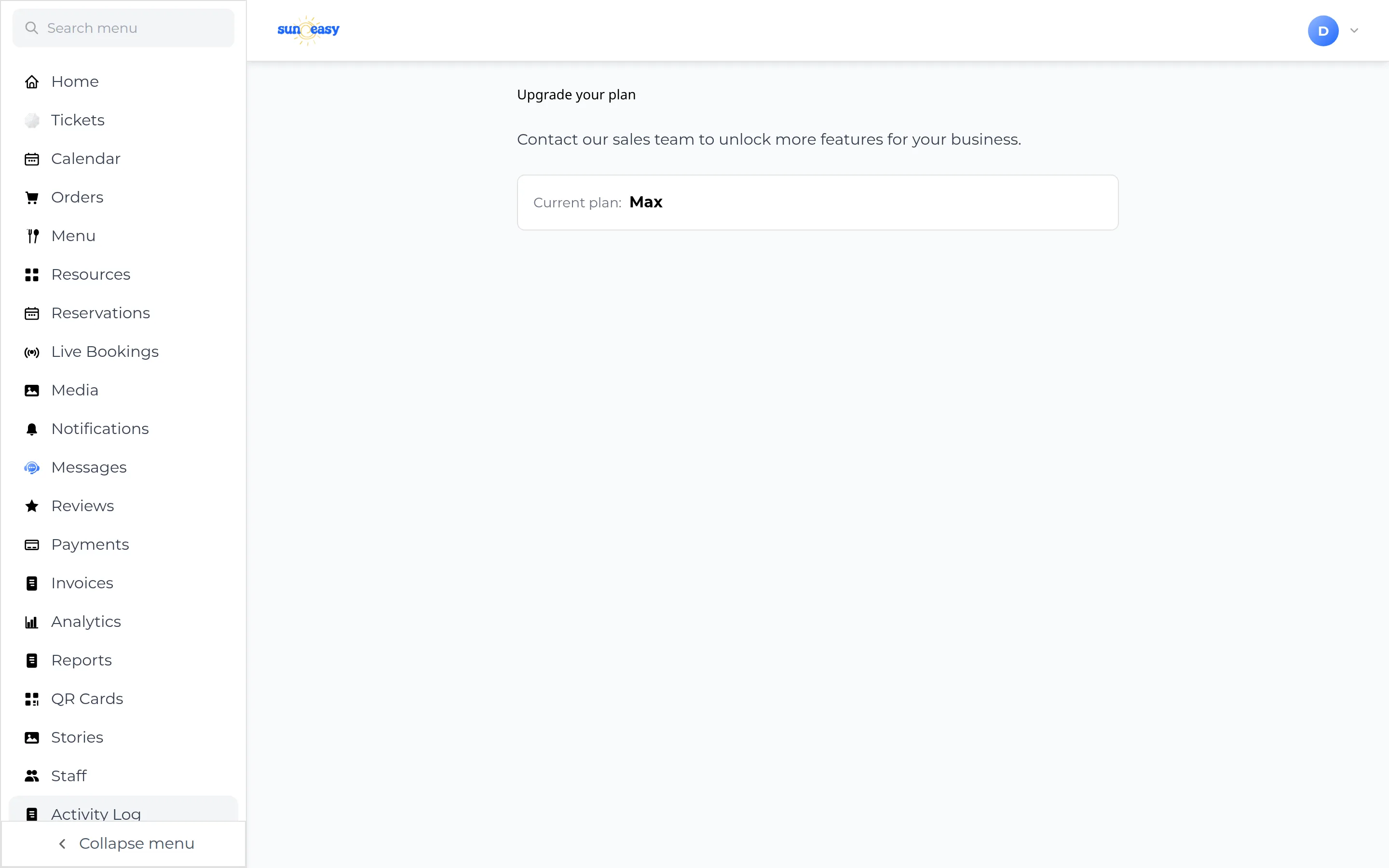 Upgrade your plan page with a message to contact the sales team and a box showing the current plan as Max.