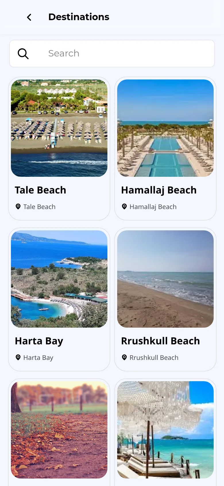 Destinations screen with a search box and a two-column grid of destination cards including Tale Beach, Hamallaj Beach, Harta Bay, and Rrushkull Beach, each with a photo and location label.