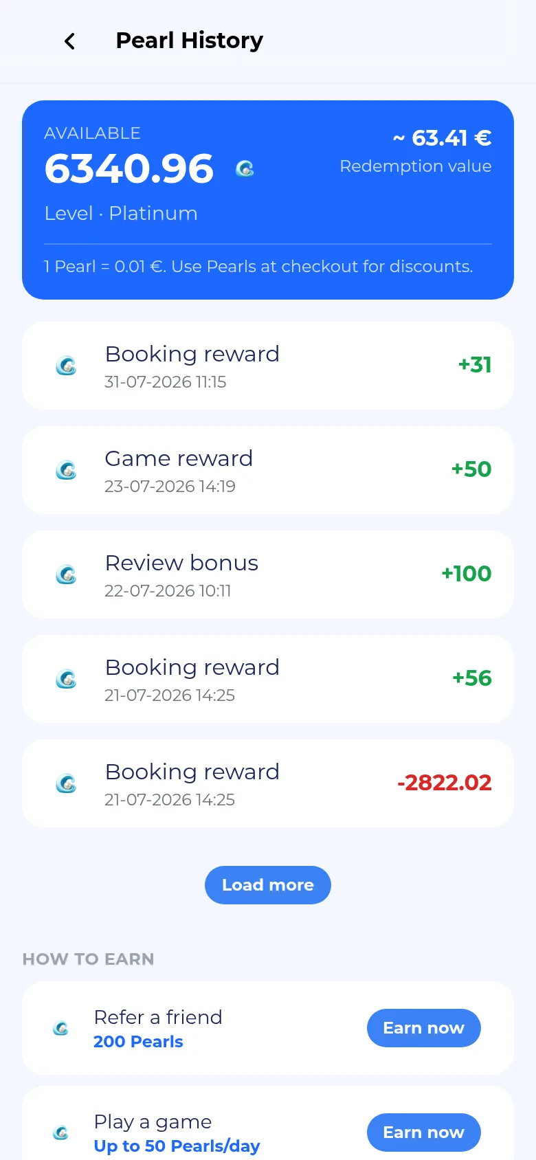 Pearl History page showing an available balance of 6340.96 pearls worth about 63.41 euros at the Platinum level, a list of recent pearl transactions such as booking rewards and a review bonus, and a 'How to Earn' checklist.