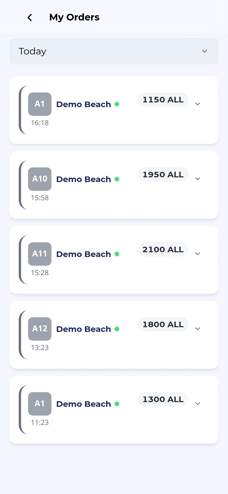 The My Orders screen with a Today date filter and a list of order cards showing umbrella codes, the venue name Demo Beach, order times, and prices in ALL.