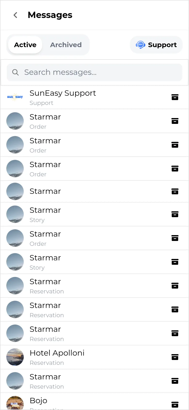 Messages screen with Active and Archived tabs, a Support button, a search bar, and a list of conversations with venues including SunEasy Support, Starmar, Hotel Apolloni, and Bojo, most labeled Order, Reservation, or Story.