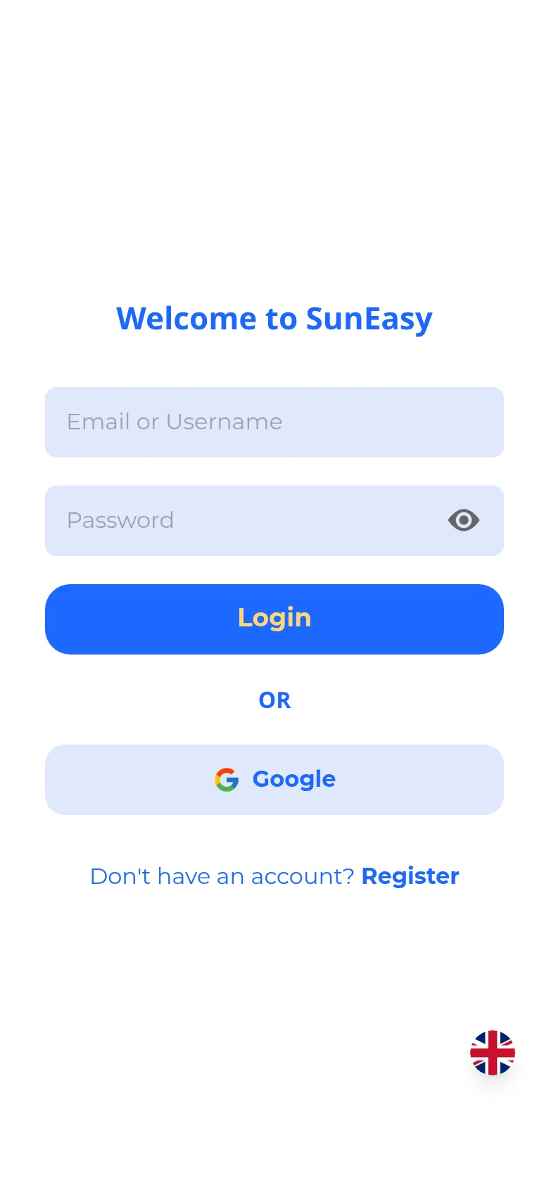 SunEasy login screen with a 'Welcome to SunEasy' heading, Email or Username and Password fields, a blue Login button, a Google sign-in option, and a link to register a new account.