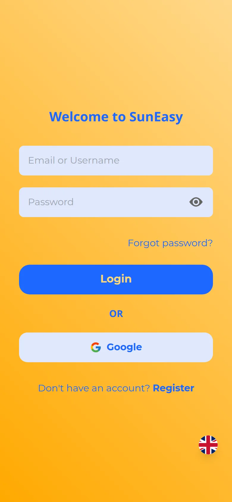 Business app login screen with an orange gradient background, an Email or Username field, a Password field with a visibility toggle, a Forgot password link, a blue Login button, and a Google sign-in button below an OR divider.