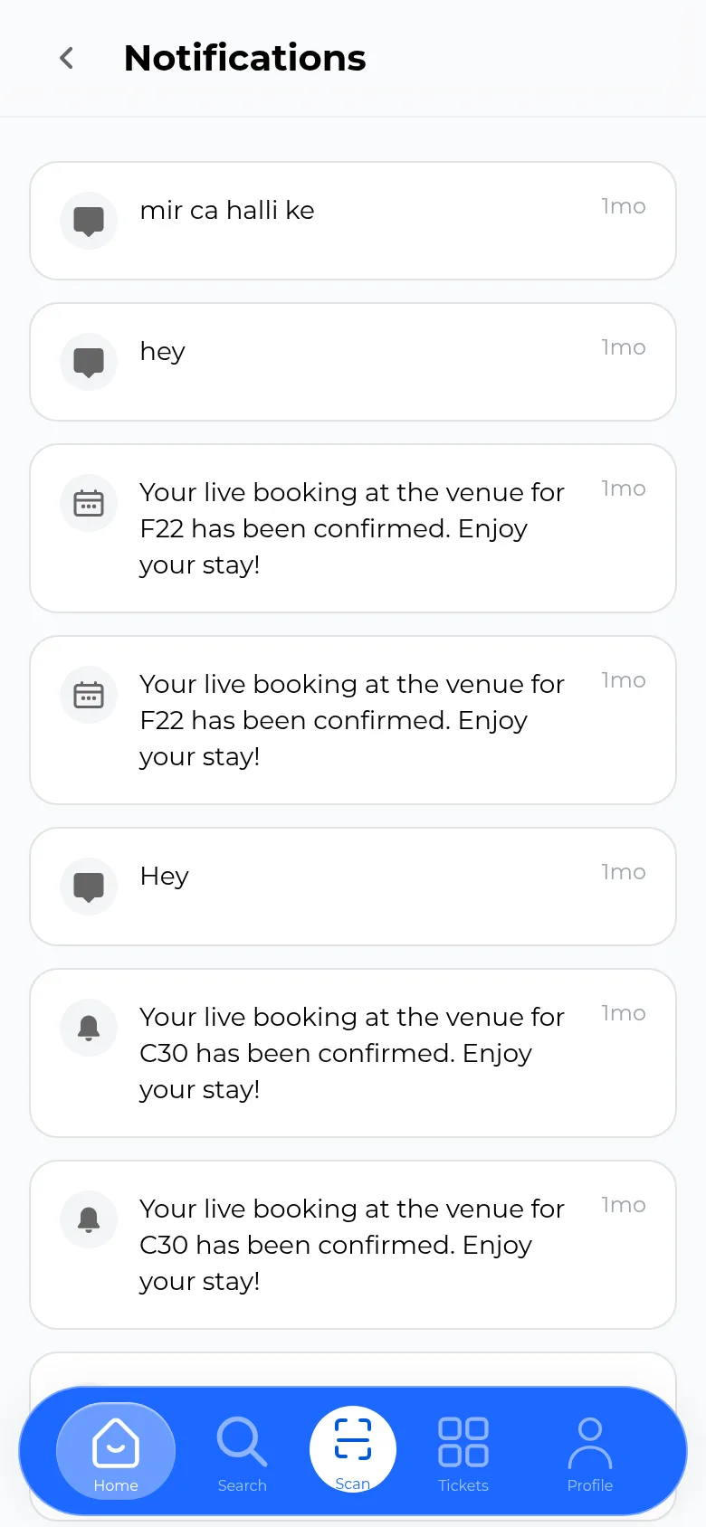 Notifications screen listing several messages and booking confirmations with '1mo' timestamps, including live booking confirmations referencing spot codes F22 and C30.
