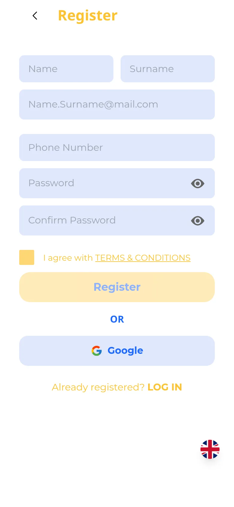 SunEasy registration screen with Name, Surname, Email, Phone Number, Password, and Confirm Password fields, an 'I agree with Terms &amp; Conditions' checkbox, and a Register button.