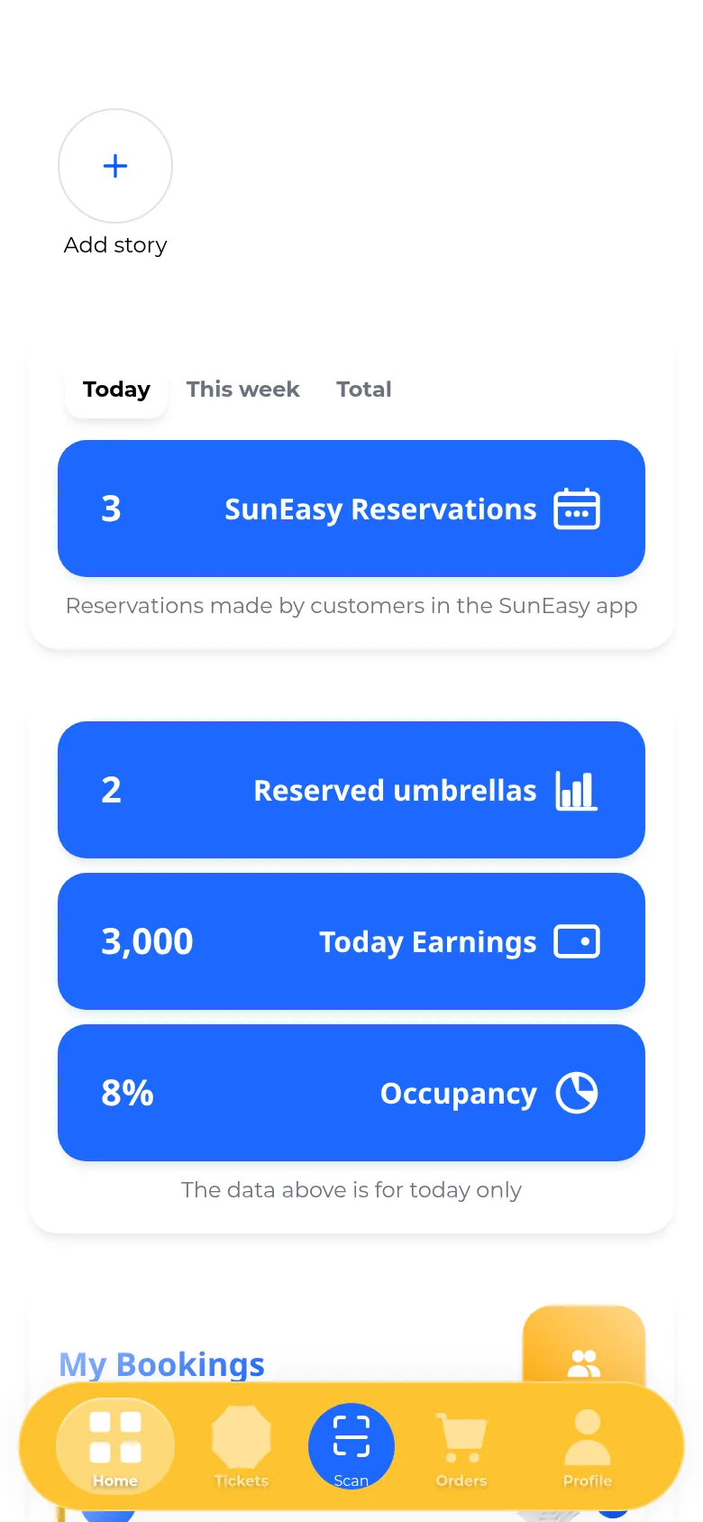 Business home dashboard with zero-value stat tiles and the bottom tab bar showing Home, Tickets, a central blue Scan button, Orders, and Profile.