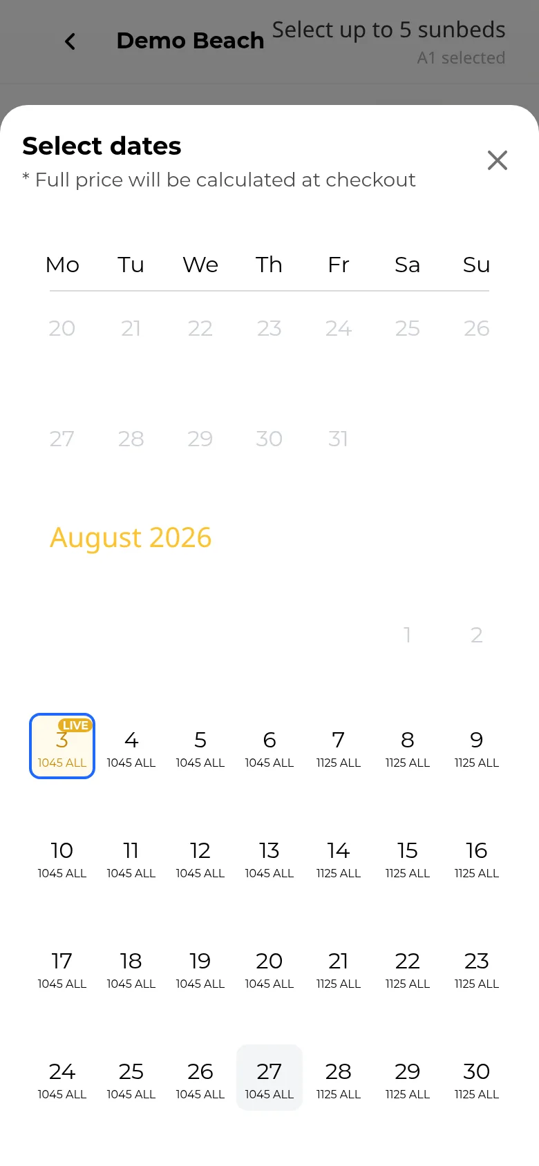 The Select dates bottom sheet over the Demo Beach sunbed map, showing a calendar for August 2026 with per-day prices in ALL and the 3rd already selected and marked Live.